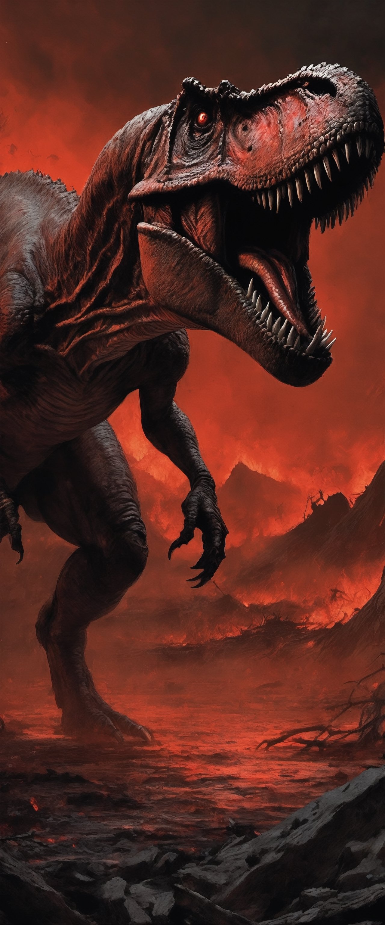 Create a nightmarish scene titled "Carnage of the Tyrant." In this unsettling artwork,  a Tyrannosaurus Rex,  its scales a...