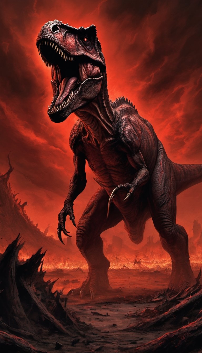 Create a nightmarish scene titled "Carnage of the Tyrant." In this unsettling artwork,  a Tyrannosaurus Rex,  its scales a...