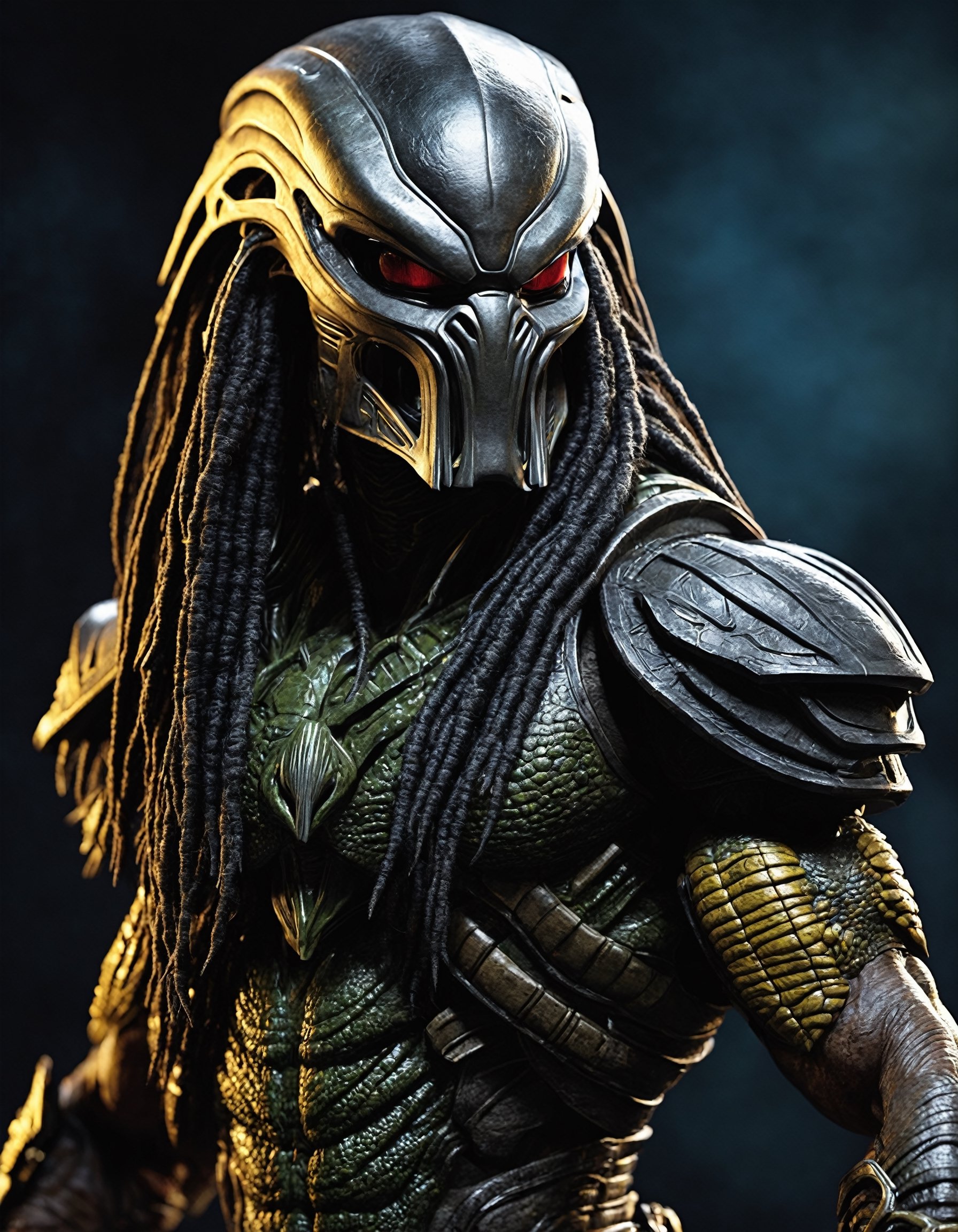 Create an award-worthy,  lifelike masterpiece featuring the iconic Predator alien. Depict the formidable extraterrestrial...