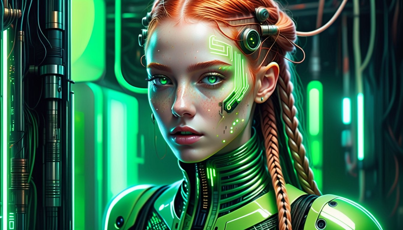 Amidst the neon-soaked dystopian laboratory,  a cyberpunk android takes center stage. Its visage eerily mirrors that of a...