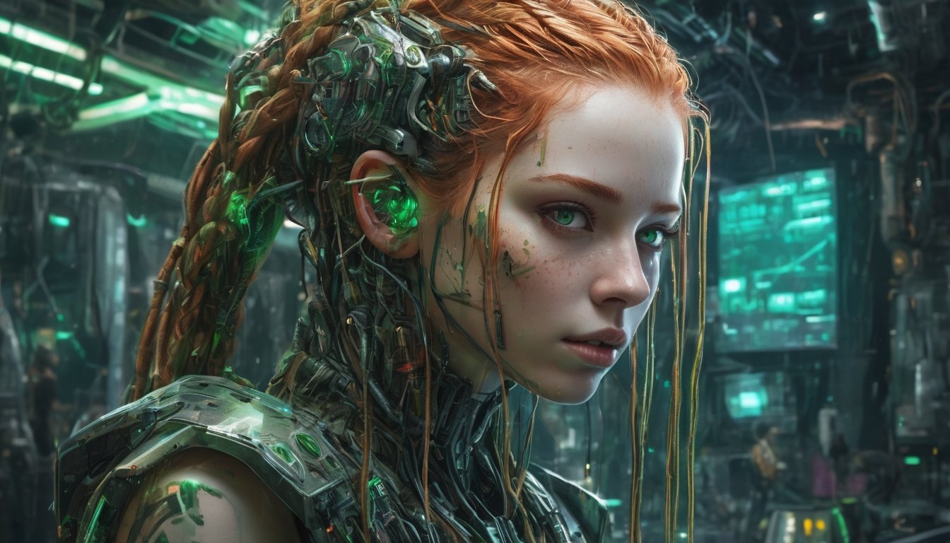Amidst the neon-soaked dystopian laboratory,  a cyberpunk android takes center stage. Its visage eerily mirrors that of a...
