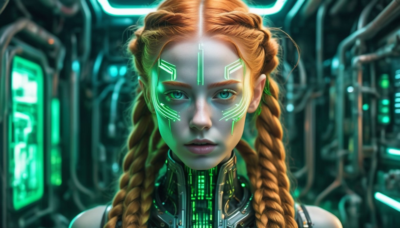 In the heart of a neon-soaked dystopian laboratory,  a cyberpunk android,  its face an eerily perfect recreation of (beaut...