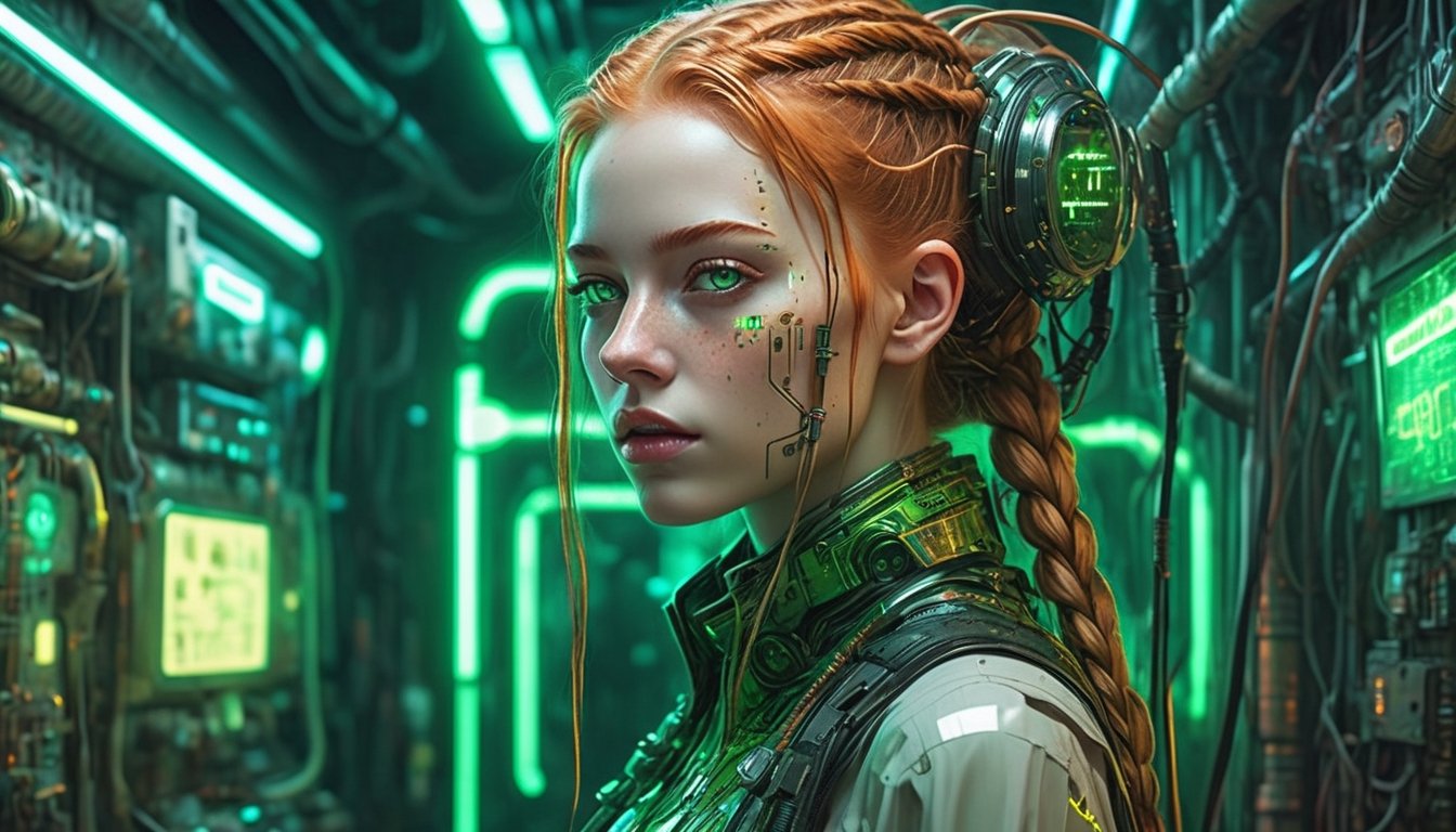 Amidst the neon-soaked dystopian laboratory,  a cyberpunk android takes center stage. Its visage eerily mirrors that of a...
