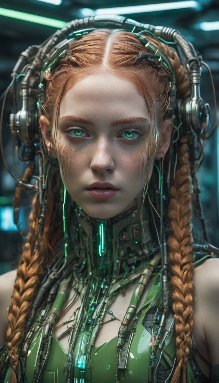 Amidst the neon-soaked dystopian laboratory,  a cyberpunk android takes center stage. Its visage eerily mirrors that of a...