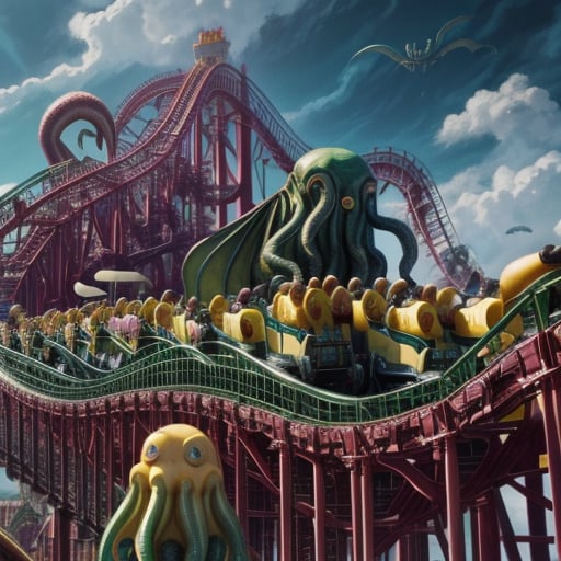 riding a rollercoaster at disneyland,  tentacles flying behind his head,  painting by SimX0791 on Tensor.Art