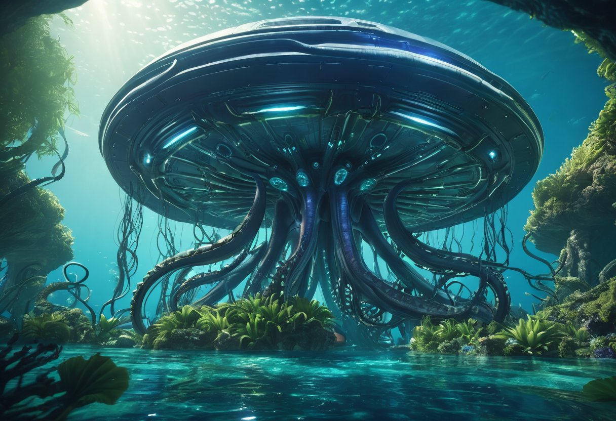 futuristic alien structure with tentacles,  kraken creature,  under ocean by SimX0791 on Tensor.Art