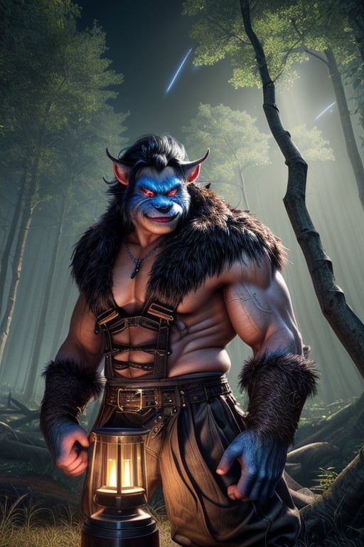 giant oni troll wearing bavarian lederhosen, lightning illuminates the scene, (mythical forest with an air of mystery and mythology, featuring a sunlit clearing with ancient, towering trees, including bizarre objects of ancient civilizations, like carved pillars illuminated by indirect lighting, infusing the atmosphere with an otherworldly glow from the stars, as if touched by magic, cinematic lighting, octane render, higly detailed, intricate details, best illumination, cinematic lighting, bright, epic composition