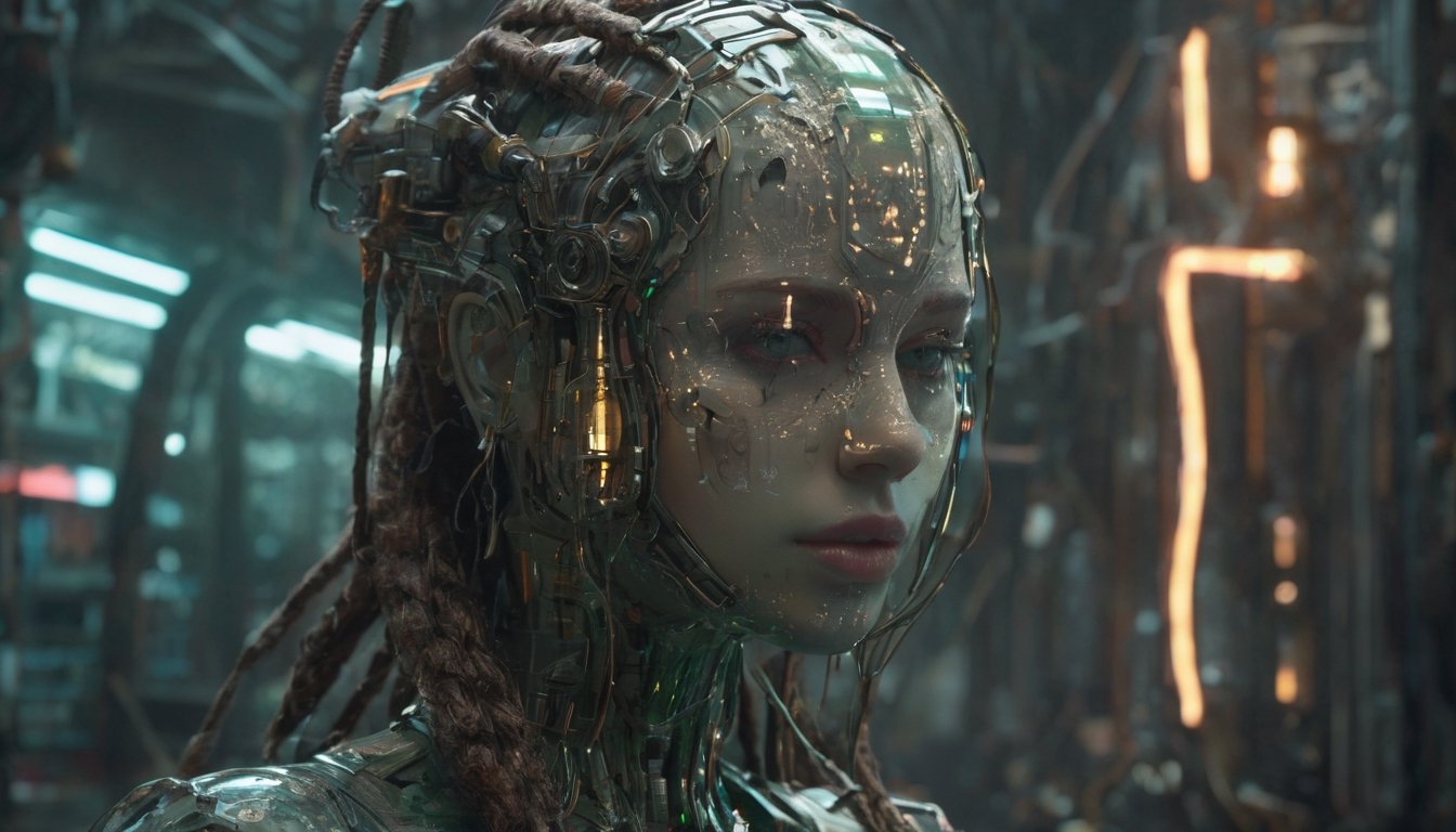 Amidst the neon-soaked dystopian laboratory,  a cyberpunk android takes center stage. Its visage eerily mirrors that of a...
