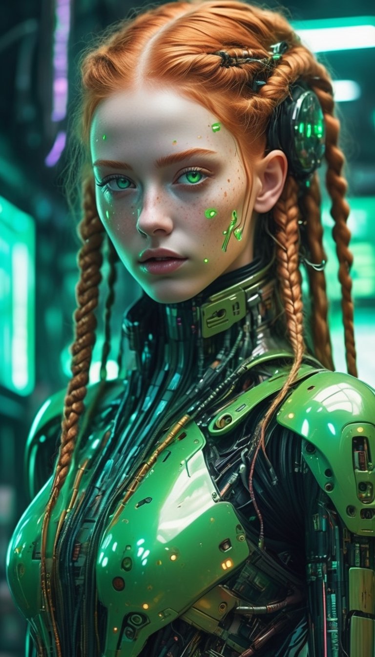 Amidst the neon-soaked dystopian laboratory,  a cyberpunk android takes center stage. Its visage eerily mirrors that of a...