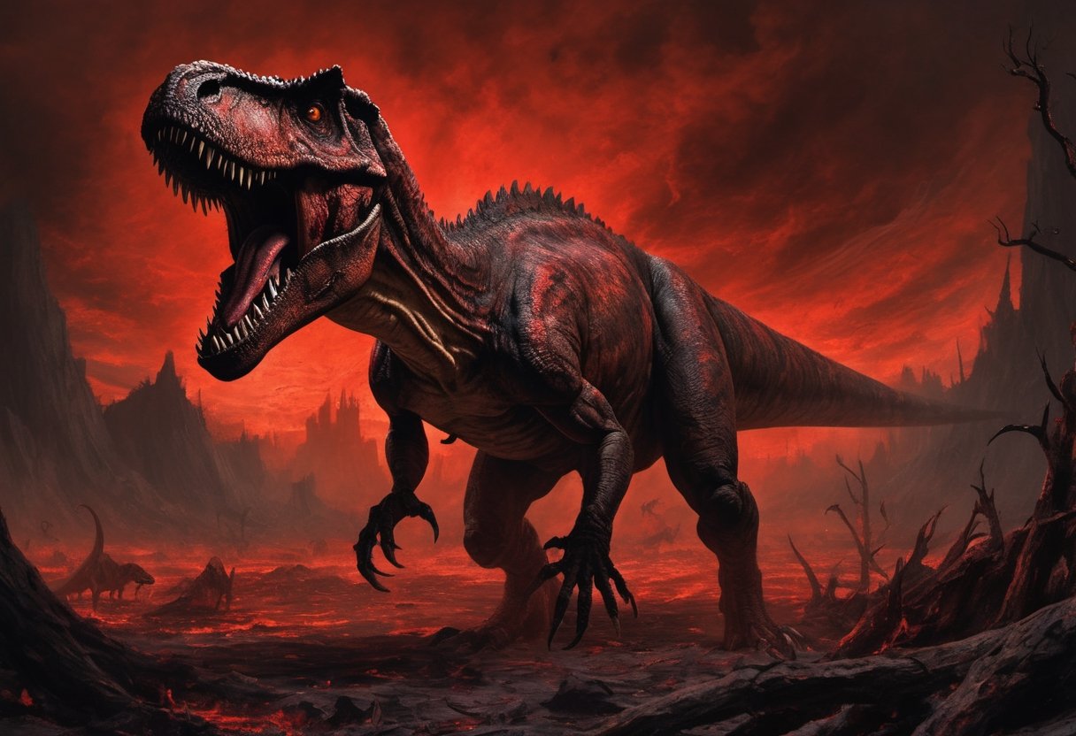 Create a nightmarish scene titled "Carnage of the Tyrant." In this unsettling artwork,  a Tyrannosaurus Rex,  its scales a...