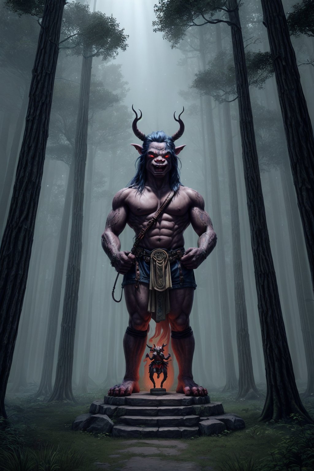 giant anthropomorphic oni troll wearing bavarian lederhosen, red marble stone skin, lightning illuminates the scene, (mythical forest with an air of mystery and mythology, featuring a sunlit clearing with ancient, towering trees, including bizarre objects of ancient civilizations, like carved pillars illuminated by indirect lighting, infusing the atmosphere with an otherworldly glow from the stars, as if touched by magic, cinematic lighting, octane render, higly detailed, intricate details, best illumination, cinematic lighting, bright, epic composition