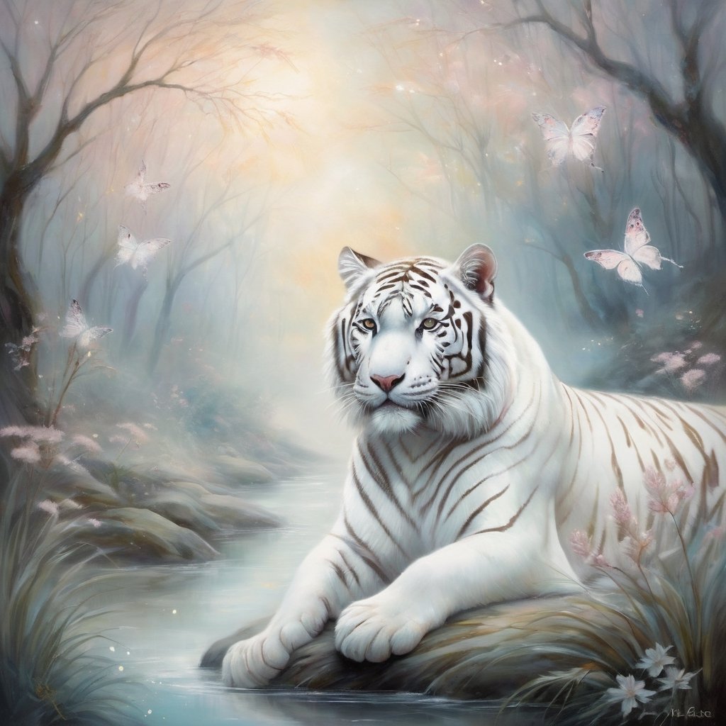 Ethereal white tiger (impressionist:1.2) in a dreamlike, surreal landscape. The white tiger is depicted in soft, dreamy brushstrokes, surrounded by floating lights and mystical fairylike creatures. The scene exudes an ethereal quality with pastel hues and a sense of otherworldly wonder.