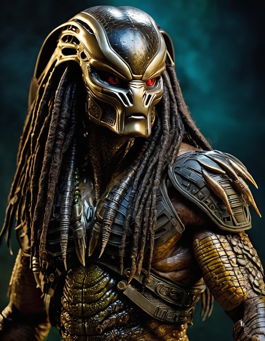 Create an award-worthy,  lifelike masterpiece featuring the iconic Predator alien. Depict the formidable extraterrestrial...