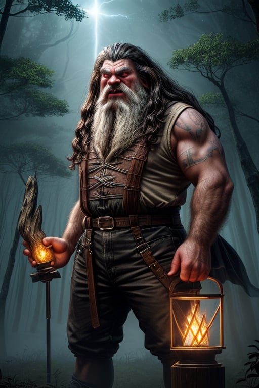 giant hagrid lookalike troll wearing bavarian lederhosen as oni monster, lightning illuminates the scene, (mythical forest with an air of mystery and mythology, featuring a sunlit clearing with ancient, towering trees, including bizarre objects of ancient civilizations, like carved pillars illuminated by indirect lighting, infusing the atmosphere with an otherworldly glow from the stars, as if touched by magic, cinematic lighting, octane render, higly detailed, intricate details, best illumination, cinematic lighting, bright, epic composition