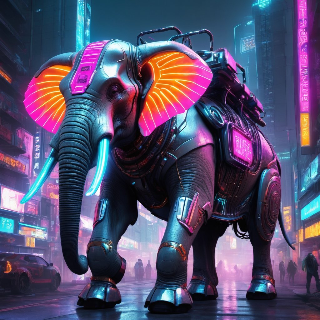 Futuristic Battle Elephant (cyberpunk:1.2) as a high-tech guardian of a neon-lit city. The Battle Elephant is decked out in futuristic armor and the tusks are crackling with dark energy. The scene is a fusion of ancient mythology and cutting-edge technology, with bold neon colors and a sense of cyberpunk coolness.