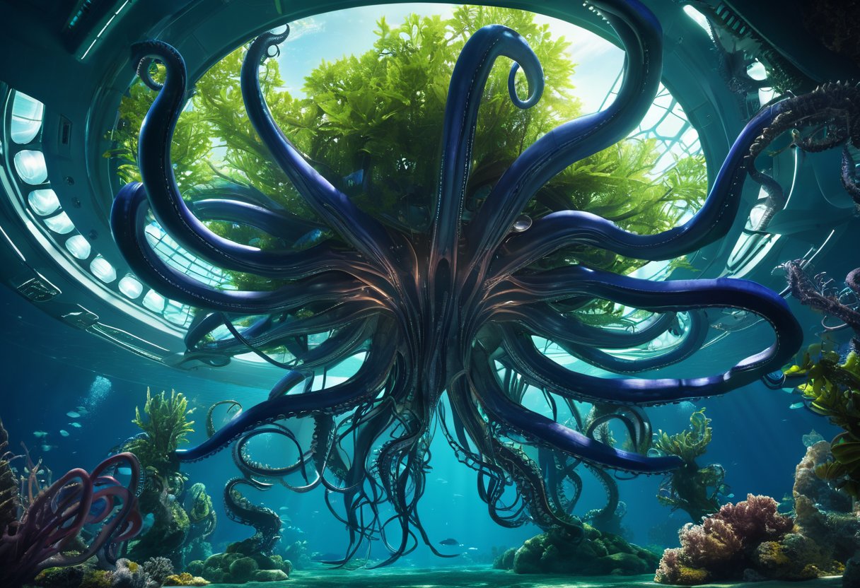 futuristic alien structure with tentacles,  kraken creature,  under ocean by SimX0791 on Tensor.Art