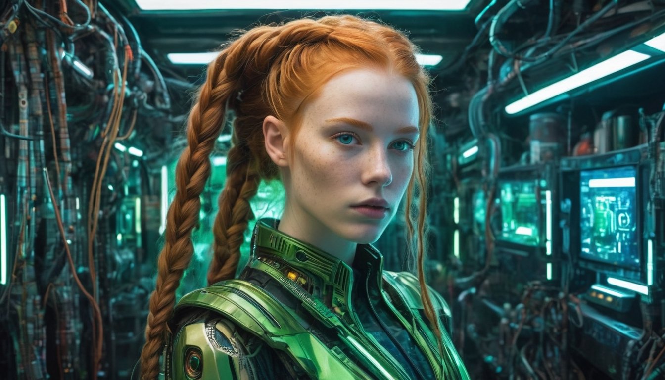 In the heart of a neon-soaked dystopian laboratory,  a cyberpunk android,  its face an eerily perfect recreation of (beaut...