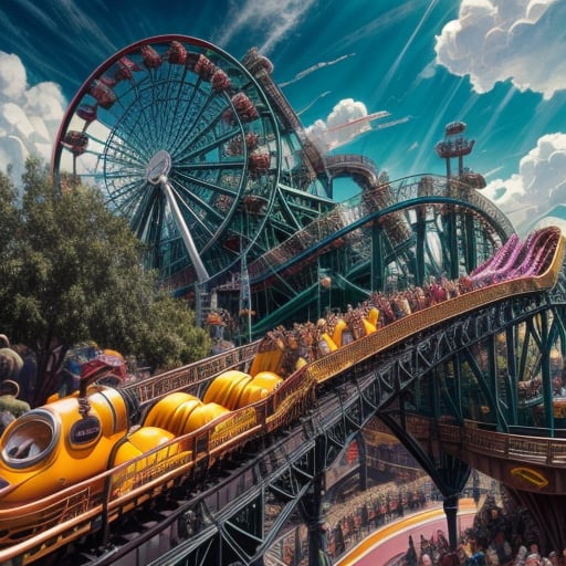 miniature cthulhu riding a rollercoaster at disneyland,  tentacles flying behind his head,  painting by SimX0791 on Tensor...