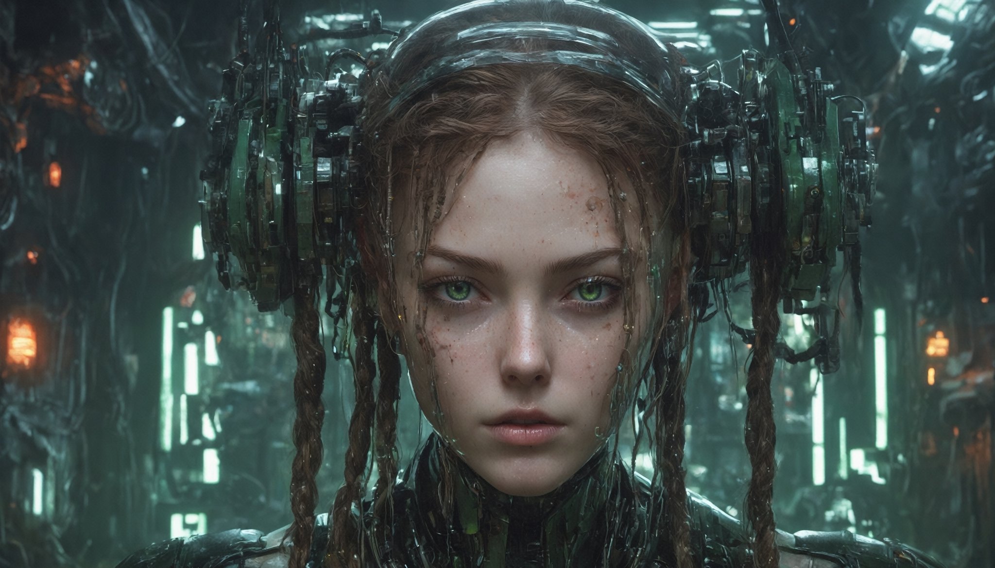 Amidst the neon-soaked dystopian laboratory,  a cyberpunk android takes center stage. Its visage eerily mirrors that of a...