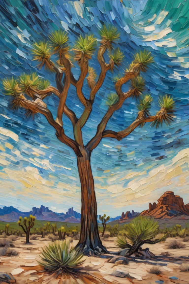 (oil painting) of a (Joshua tree) in a desert landscape, in the (style of Van Gogh:1.2). The tree is tall with multiple branches and spiky, green leaves, depicted with bold, swirling brushstrokes. The desert floor is textured with vibrant, expressive colors, scattered rocks, and small bushes. The sky is dynamic with swirling patterns of blue and wispy clouds with bold lightning strikes. The overall composition is rich in color, with thick, expressive strokes and a sense of movement and emotion.