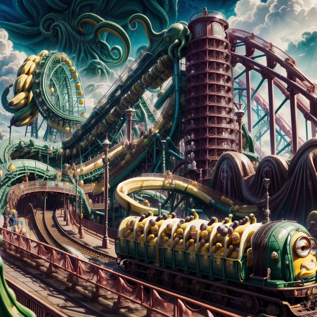 riding a rollercoaster at disneyland,  in form of tentacles,  minions background dancers by SimX0791 on Tensor.Art