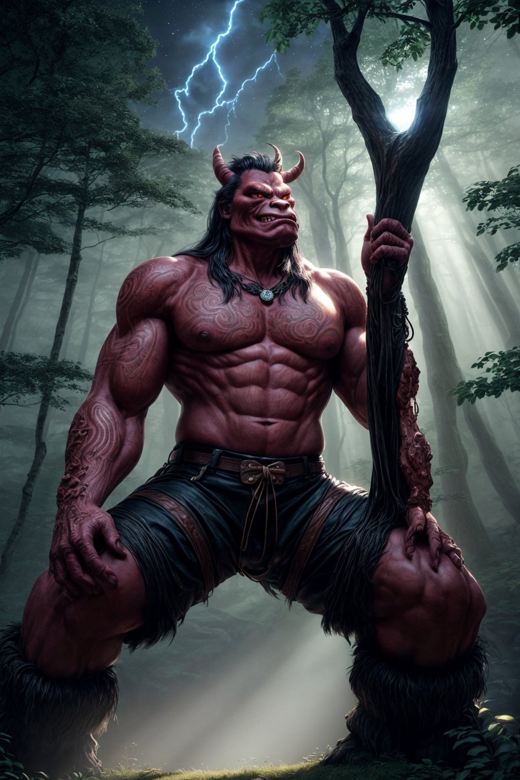 giant anthropomorphic oni troll wearing bavarian lederhosen, red marble stone skin, lightning illuminates the scene, (mythical forest with an air of mystery and mythology, featuring a sunlit clearing with ancient, towering trees, including bizarre objects of ancient civilizations, like carved pillars illuminated by indirect lighting, infusing the atmosphere with an otherworldly glow from the stars, as if touched by magic, cinematic lighting, octane render, higly detailed, intricate details, best illumination, cinematic lighting, bright, epic composition