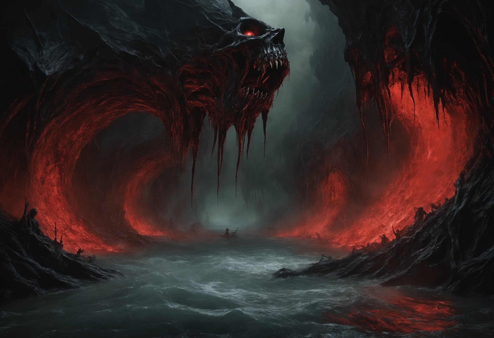 In this nightmarish photograph, Dante's fifth circle of Hell is unveiled—a chilling domain of Wrath. Upon the turbulent surface of the River Styx, the wrathful souls wage ceaseless war, their furious battles a ghastly spectacle, depicted in fierce shades of blood-red and shadowy black. Meanwhile, submerged beneath its murky depths, the sullen souls languish in a watery tomb of perpetual gloom, their forms enveloped in chilling blues and desolate grays. The haunting scene depicts a relentless cycle of rage and apathy, where anger's fiery fury and numbing indifference converge to ensnare tormented souls in a timeless abyss of suffering.