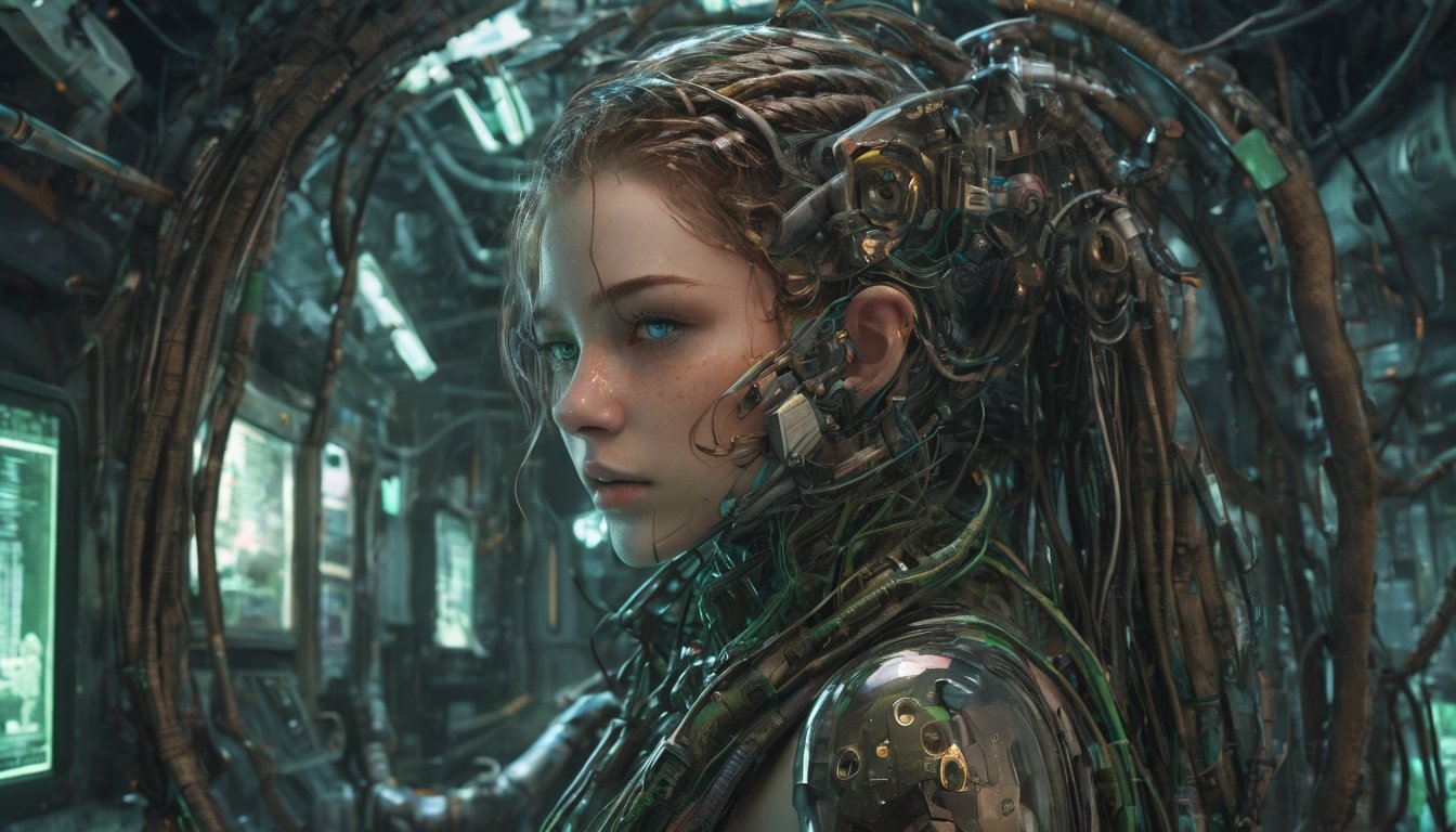 Amidst the neon-soaked dystopian laboratory,  a cyberpunk android takes center stage. Its visage eerily mirrors that of a...