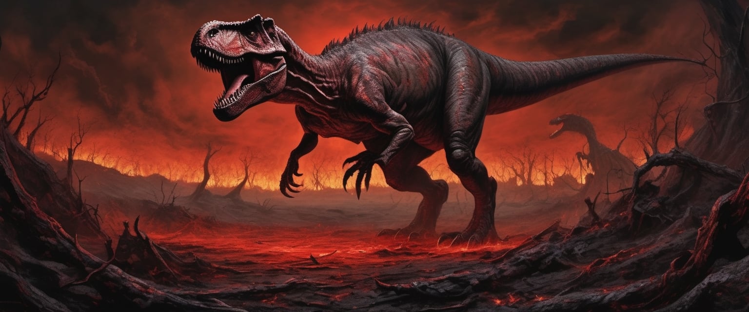 Create a nightmarish scene titled "Carnage of the Tyrant." In this unsettling artwork,  a Tyrannosaurus Rex,  its scales a...