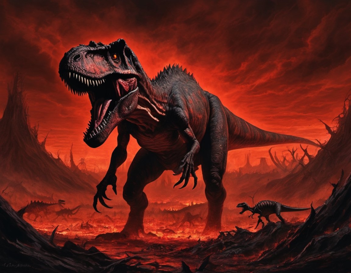 Create a nightmarish scene titled "Carnage of the Tyrant." In this unsettling artwork,  a Tyrannosaurus Rex,  its scales a...