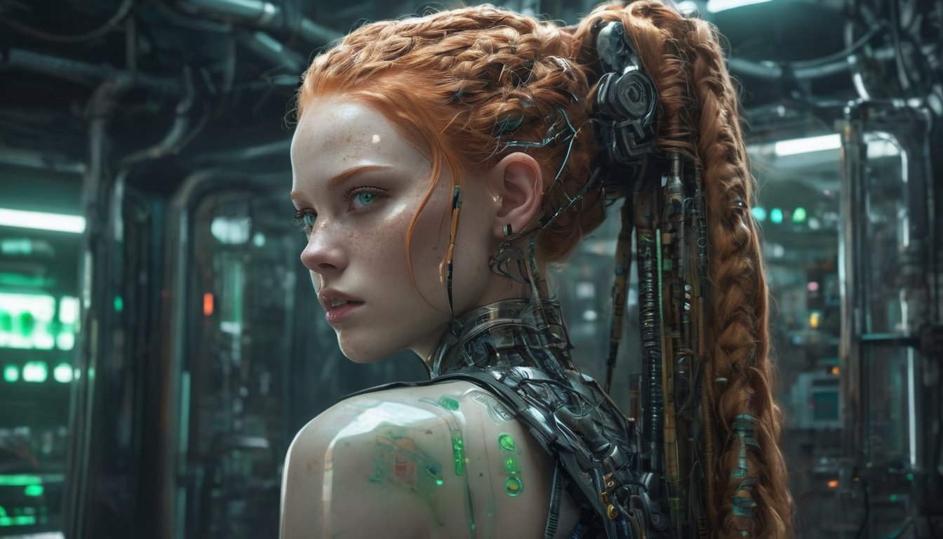 In the heart of a neon-soaked dystopian laboratory,  a cyberpunk android,  its face an eerily perfect recreation of (beaut...