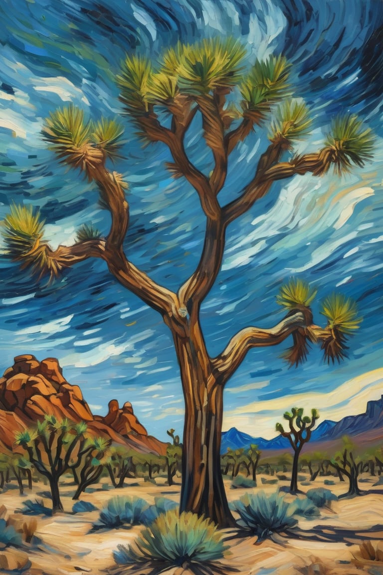 (oil painting) of a (Joshua tree) in a desert landscape, in the (style of Van Gogh:1.2). The tree is tall with multiple branches and spiky, green leaves, depicted with bold, swirling brushstrokes. The sky is dynamic with swirling patterns of blue and wispy clouds with bold lightning strikes. The overall composition is rich in color, with thick, expressive strokes and a sense of movement and emotion.