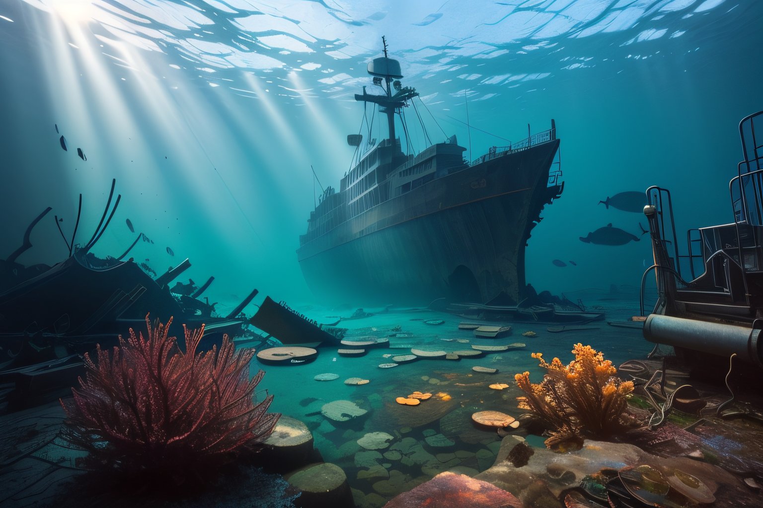 (stunning masterpiece: 1.3), ((12k HDR)), ((under water)), A photo of a marine scientist diver studying remains of a ship, the keel is sunk to the bottom, the ship is split in half, Creatures of Deep waters that inhabit the area, adding to the ominous atmosphere, Lurk in the shadows, Inside and outside the twisted metal wreckage. The colors of the place are muted and gloomy, with rusty metal and rotting wood creating a sense of decay and neglect. Although the surface of the water is calm, ((sun rays)), ((Brilliant diamond splatter)), swirl of air bubbles, sharp focus, intricate detail, high detail, digital art, bright beautiful splatter, sparkling, stunning digital art, interspersed with vibrant colors and surreal fantasy lighting, super detail, digital photography, 8k, sharp focus, 