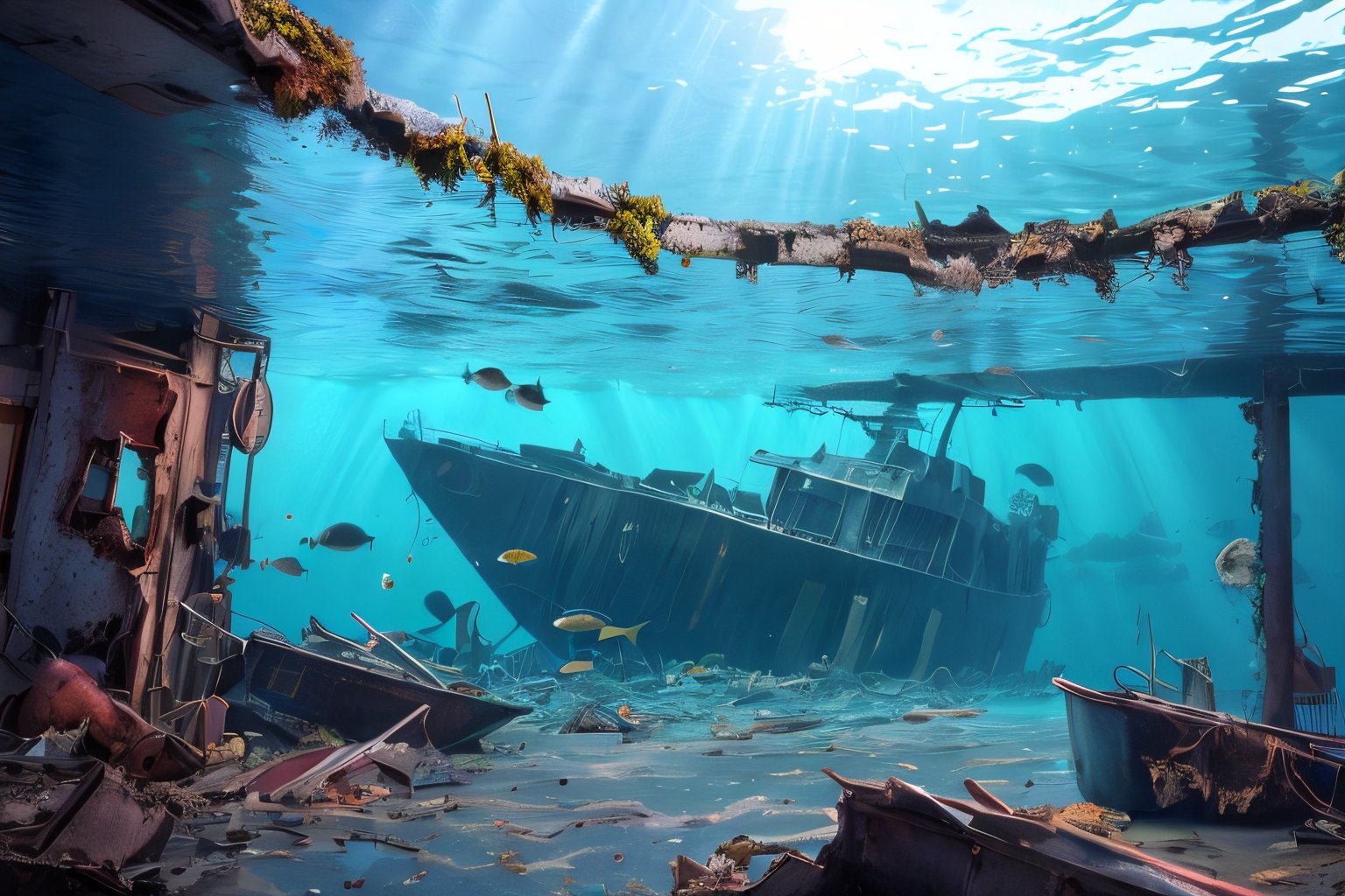 (stunning masterpiece: 1.3), ((12k HDR)), ((under water)), A photo of a marine scientist diver studying remains of a ship, the keel is sunk to the bottom, the ship is split in half, Creatures of Deep waters that inhabit the area, adding to the ominous atmosphere, Lurk in the shadows, Inside and outside the twisted metal wreckage. The colors of the place are muted and gloomy, with rusty metal and rotting wood creating a sense of decay and neglect. Although the surface of the water is calm, ((sun rays)), ((Brilliant diamond splatter)), swirl of air bubbles, sharp focus, intricate detail, high detail, digital art, bright beautiful splatter, sparkling, stunning digital art, interspersed with vibrant colors and surreal fantasy lighting, super detail, digital photography, 8k, sharp focus, ,no_humans