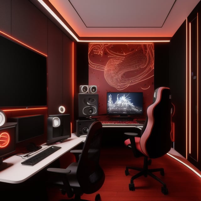 A gaming lofi studio room, walls are black and red patterns. Led lights in the room, black and red gaming chair, with 3 motors with a expensive PC, NIce dercorations, a neon sign that says TV and is glowing red. The time is night. Ultra deltaied, cinematic ligthing, great quality 