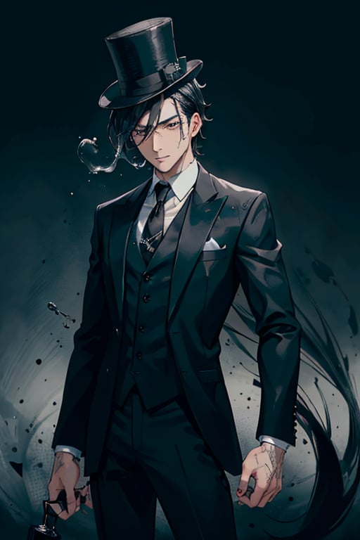 A guy with black hair and has black oil on his hair and dripping wet ink. he is a black fuigure with a suit in tie. mugshot. with a black top hat
,cartoon 