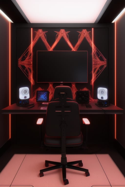 A gaming lofi studio room, walls are black and red patterns. Led lights in the room, black and red gaming chair, with 3 motors with a expensive PC, NIce dercorations, a neon sign that says TV and is glowing red. The time is night. Ultra deltaied, cinematic ligthing, great quality 