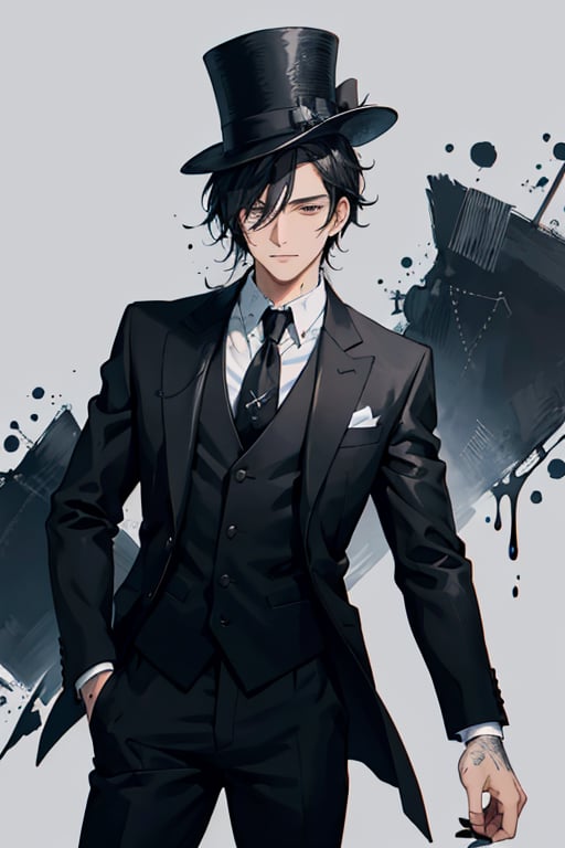 A guy with black hair and has black oil on his hair and dripping wet ink. he is a black fuigure with a suit in tie. mugshot. with a black top hat
,cartoon 