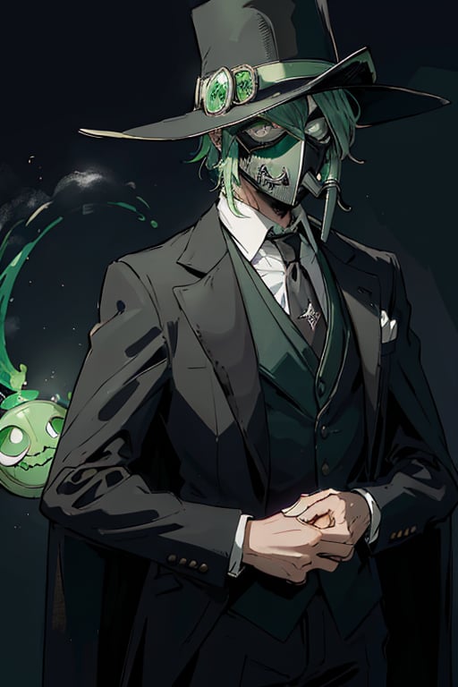 A evil plague doctor wearning a suit in tie  and has a green cape with a green top hat. theme is steam punk. wearning the plague doctor mask 
,cartoon ,Fionnawaifu