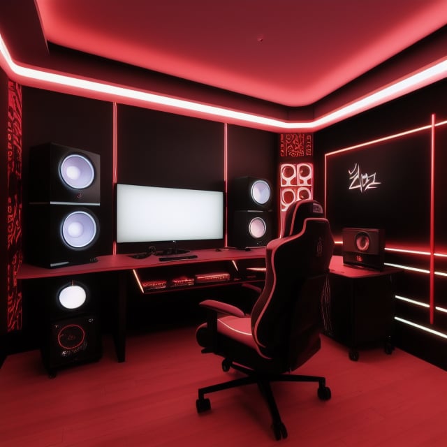 A gaming lofi studio room, walls are black and red patterns. Led lights in the room, black and red gaming chair, with 3 motors with a expensive PC, NIce dercorations, a neon sign that says TV and is glowing red. The time is night. Ultra deltaied, cinematic ligthing, great quality 