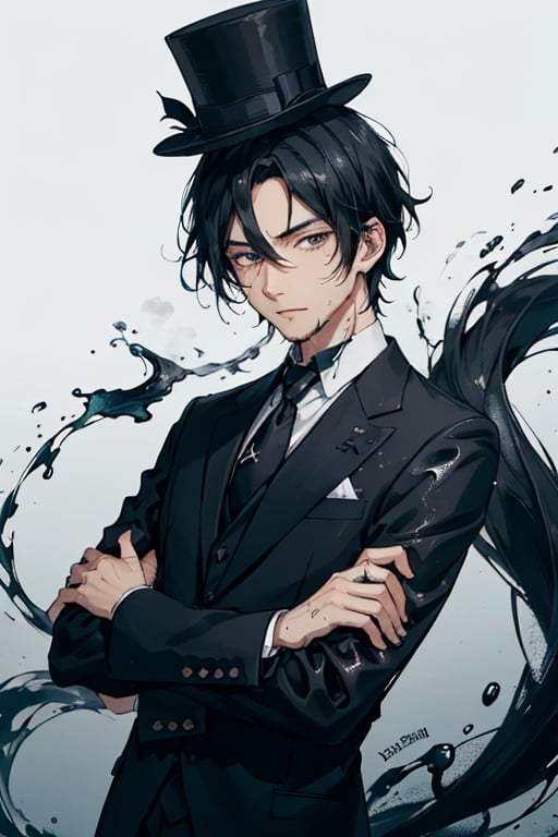 A guy with black hair and has black oil on his hair and dripping wet ink. he is a black fuigure with a suit in tie. mugshot. with a black top hat
,cartoon 