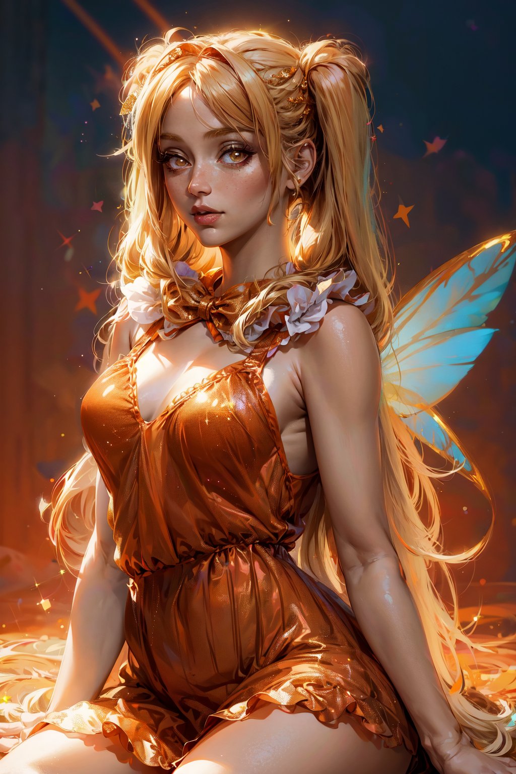 professional photo of Stella, FairyOutfit, twintails, long low pigtails, fairy wings, orange outfit, glittery clothes, sparkling clothing, blonde hair, detailed skin, detailed eyes, finely detailed hair, volumetric light, highrez, masterpiece, best quality, 
