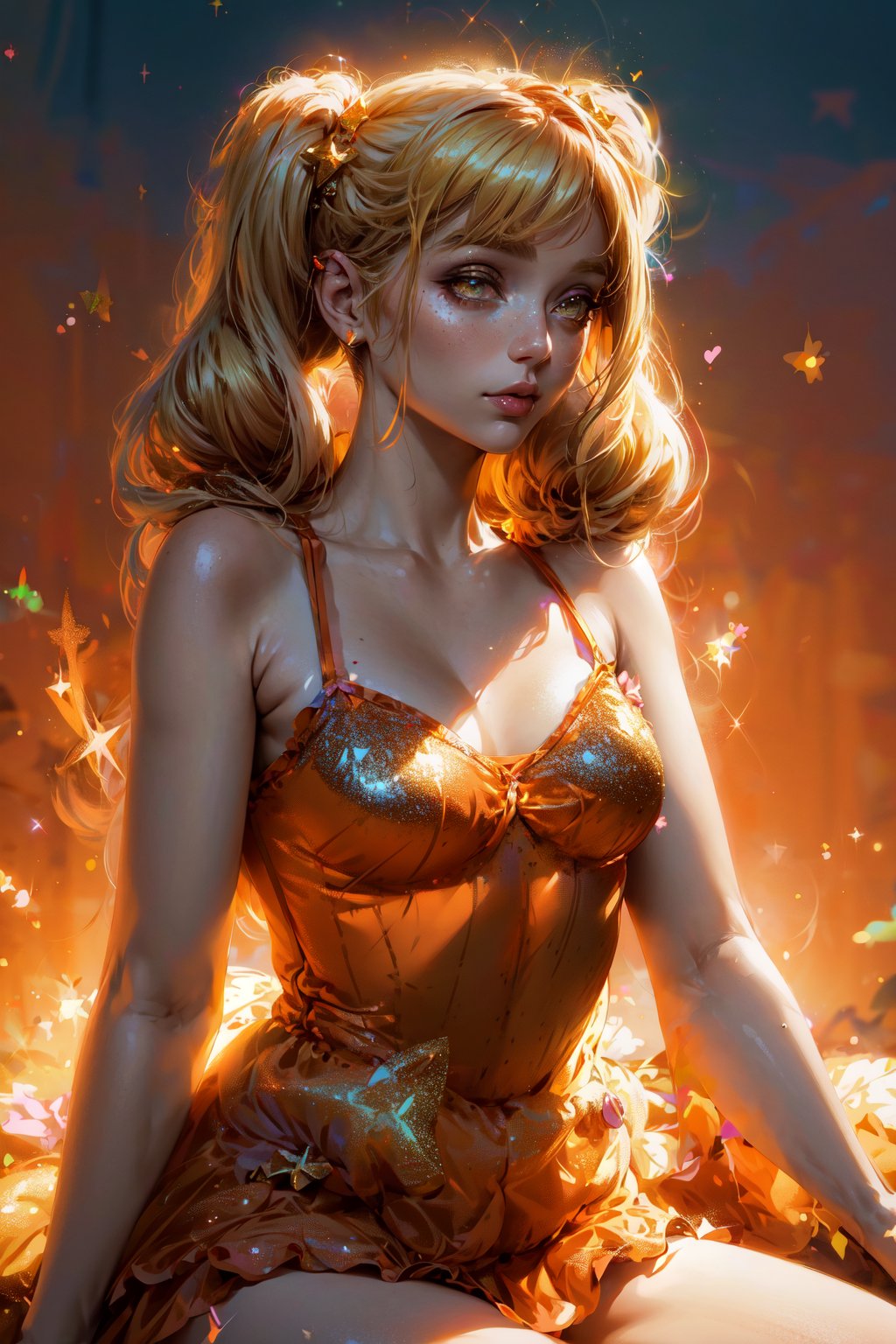 professional photo of Stella, FairyOutfit, twintails, long low pigtails, fairy wings, orange outfit, glittery clothes, sparkling clothing, blonde hair, detailed skin, detailed eyes, finely detailed hair, volumetric light, highrez, masterpiece, best quality, 
