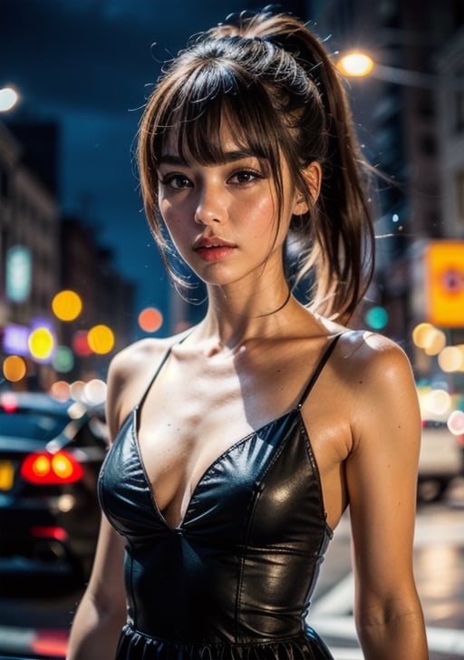 masterpiece, best quality, photorealistic ultra detailed. ultra realistic, photo realistic:1,(perfect anatomy, :1.1), (woman with short pony tail hair and brown straight hair,heavy bangs, small rounded face, flat breasts and skinny waist:1.2), large breasts, from front, torogao, wearing black dress, in the night city, complex lighting, neon, street, windy, bokeh in the far,
