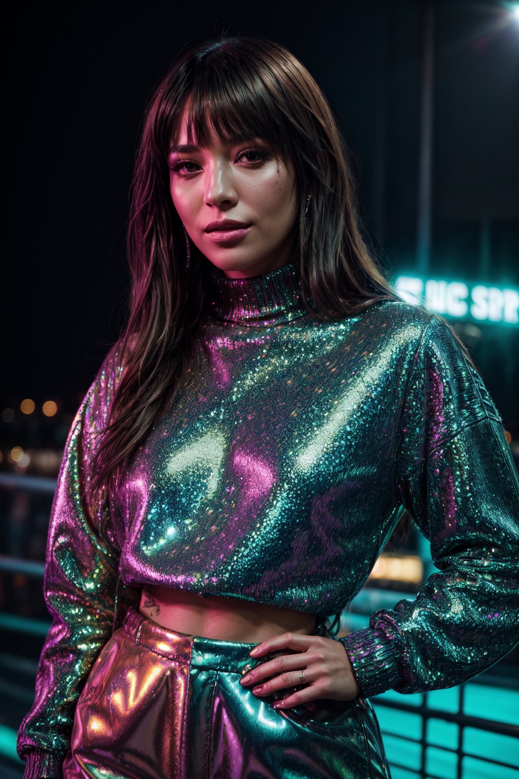 Portrait, cool looking female rapper, at a neon light show at night, (EP_SydneeGoodman:0.99), closeup, wearing turtleneck glitter sweater, infinite reflections, intricate detail, dim lighting, detailed background, starlight, streetlights, detailed clothes, skinny, shiny glossy skin, subsurface scattering, glitter, Nikon D850 film stock photograph Kodak Portra 400 camera f1.6 lens, rich colors, lifelike texture, dramatic lighting, unreal engine, trending on ArtStation, cinestill 800 tungsten, fucking discoball