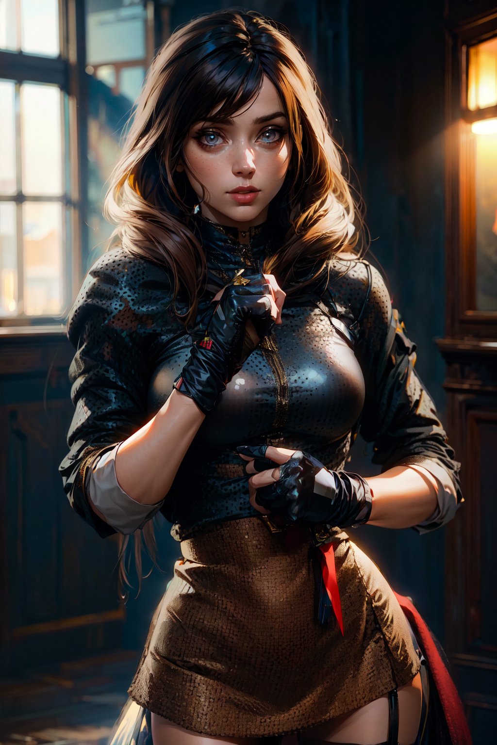 professional photo of runo_m, skirt, gloves, fingerless gloves, detailed skin, detailed eyes, finely detailed hair, volumetric light, highrez, masterpiece, best quality,