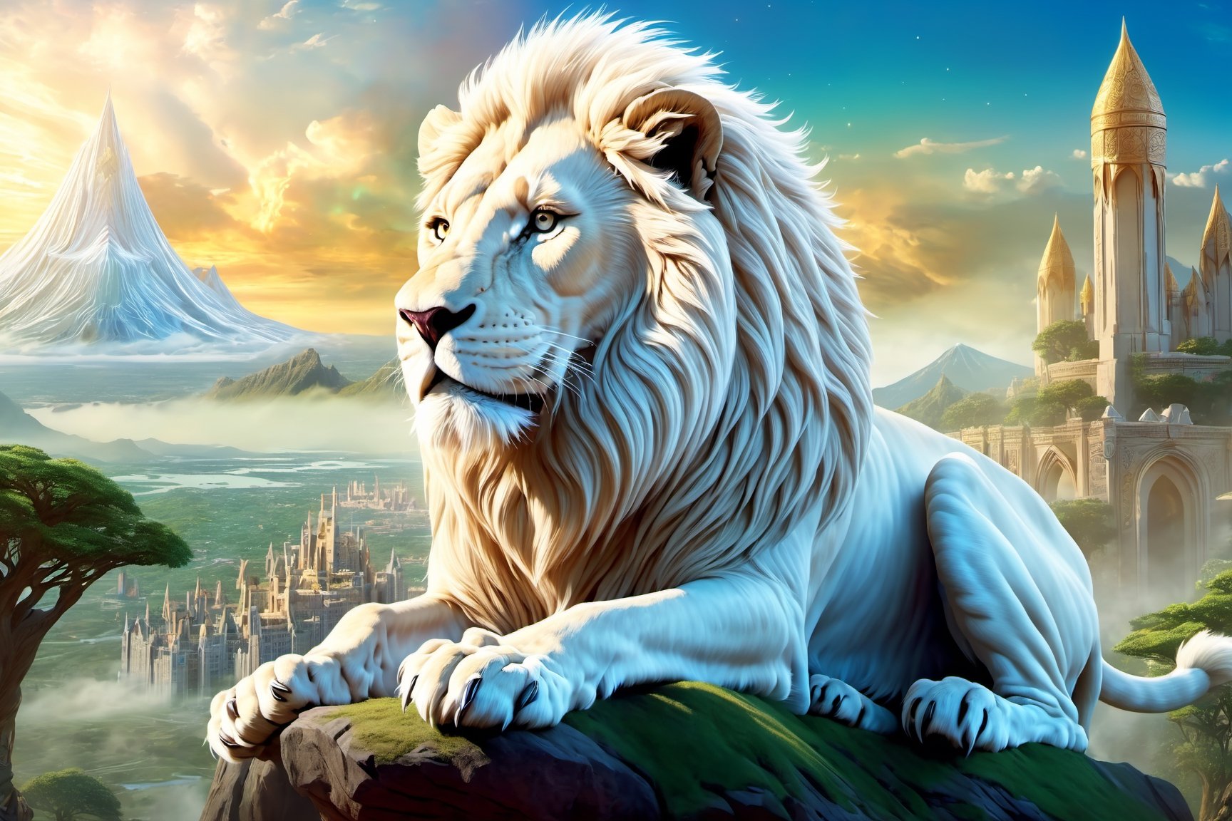 celestial colossal giant white lion, looms ominously over a elven city attacking it, very beautil, fantasy magic, detailed, breathtaking beautiful, intricate, 8k, highly detailed, digital painting, octane, ultra high detail, concept art, masterpice 