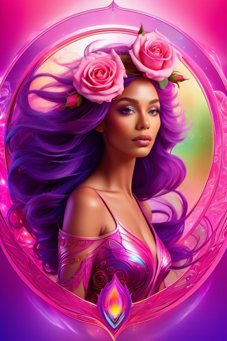 (Recycled Vector image:1.3) of (Screen print:1.3) of ((An enchanting goddess with flowing hair, a magic mirror, and a rose aura. Romantic pinks, enchanting purples, and rose accents. Alluring and romantic.:1.3)), Volumetric Lighting, Volumetric Light, Volumetric, Natural Lighting, absurdres, high resolution, (8k resolution), 8k, 8kres, 8k res, high details, detailed and intricate, intricate details, high intricate details, absurd amount of details, super resolution, ultra hd, megapixel, Deep Focus, Hip Level Shot, Quarter Turn Camera Staging, From Front, From Side, "Frontal Full Body Pose, Highlights the overall body shape and symmetry", "Futuristic, Sci-fi, Sleek, Cutting-edge",,(by Artist Frank Bowling:1.3),(by Artist Georgy Kurasov:1.3),(by Artist Bastien Lecouffe Deharme:1.3),(Flat style:1.3),Illustration,Behance,(Post-Impressionism:1.3),(close portrait:1.3),thematic background
