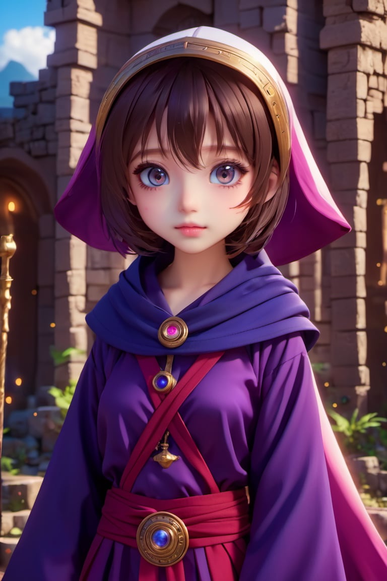 cute face, kawaii, cute, very big eyes, Aesthetic Anime Eyes, small face, cleavage, navel, thighs, (8k, masterpiece, best quality, ultra-detailed), 1girl, solo, , darkpriest, robe/tabard, holding staff, DarkFantasy, ruins, dark, 
