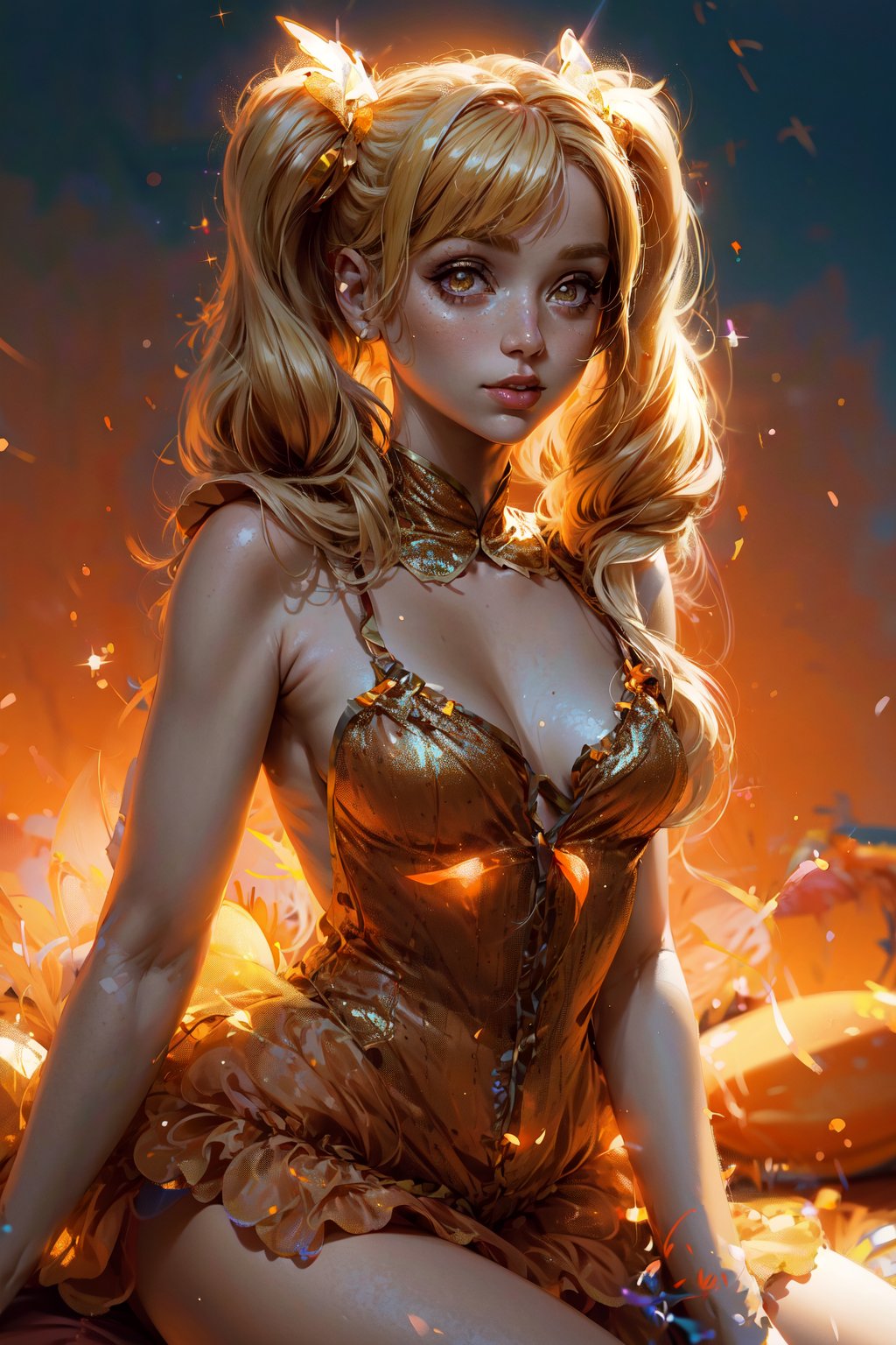 professional photo of Stella, FairyOutfit, twintails, long low pigtails, fairy wings, orange outfit, glittery clothes, sparkling clothing, blonde hair, detailed skin, detailed eyes, finely detailed hair, volumetric light, highrez, masterpiece, best quality, 
